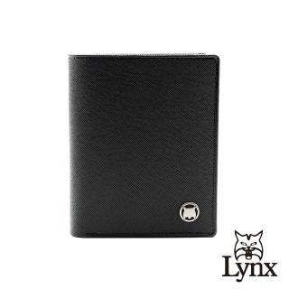 【Lynx】美國山貓十字紋進口牛皮雙折3卡直立式短夾 皮夾 錢包(黑色)
