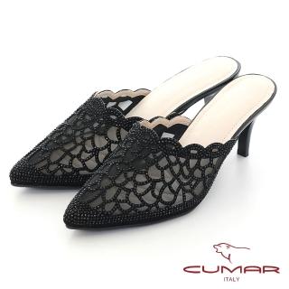 【CUMAR】立體花邊網紗透膚尖頭金屬穆勒高跟鞋(黑)