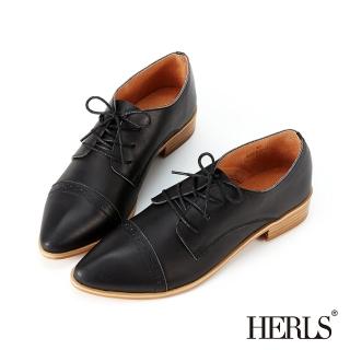 【HERLS】牛津鞋-全真皮橫飾沖孔尖頭德比鞋牛津鞋(黑色)