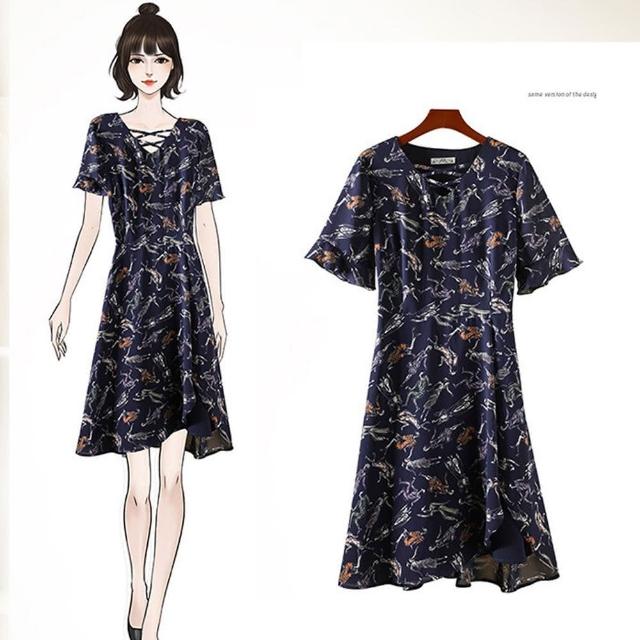 【麗質達人】11163藍色短袖印花洋裝(特價商品)