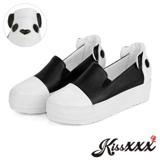 【KissXXX】時尚黑白撞色小圓頭厚底內增高樂福鞋(黑)