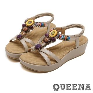 【QUEENA】波西米亞民族風時尚串珠坡跟厚底舒適涼鞋(米)