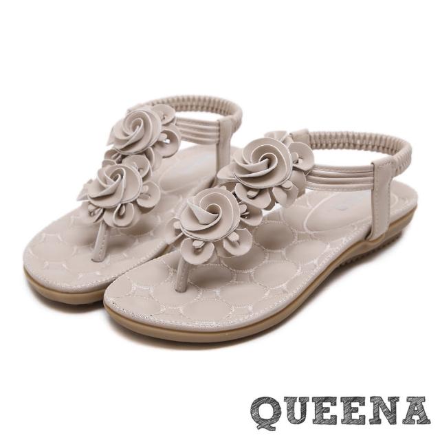 【QUEENA】甜美立體玫瑰造型T字舒適平底涼鞋(米)