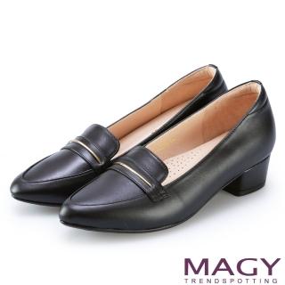 【MAGY】金屬飾條牛皮樂福粗跟鞋(黑色)