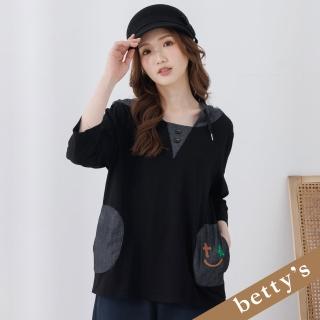 【betty’s 貝蒂思】拼接帽子抽繩8分袖T-shirt(黑色)