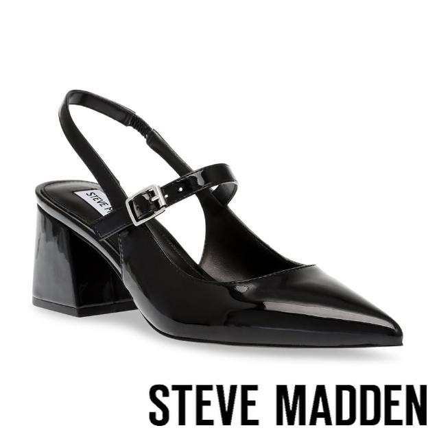【STEVE MADDEN】BRISTLY 尖頭前包繞踝粗跟鞋(鏡黑色)