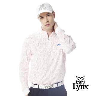 【Lynx Golf】男款吸濕排汗滿版創意線條造型圖樣印花長袖立領POLO衫/高爾夫球衫(白色)
