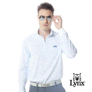 【Lynx Golf】男款吸濕排汗滿版LYNX字樣線條組合印花長袖立領POLO衫/高爾夫球衫(水藍色)