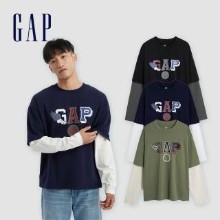 【GAP】男裝 Logo純棉印花假兩件圓領長袖T恤-多色可選(773173)