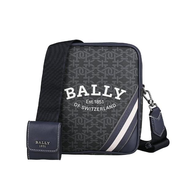 【BALLY】BALLY Bhenn B-Monogram白字LOGO PVC拼接藍白條紋設計拉鍊肩背/斜背包(灰x深藍)