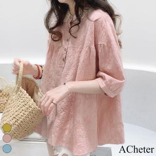 【ACheter】日系寬鬆緹花棉麻短版襯衫五分袖上衣#112296(粉紅/黃/藍)