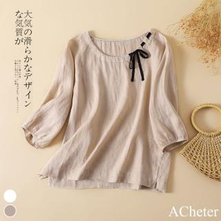 【ACheter】簡約文藝蝴蝶結亞麻感五分袖襯衫#112719(白/卡其)