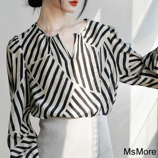 【MsMore】條紋印花寬鬆絲質長袖v領短版上衣#118959(棕)