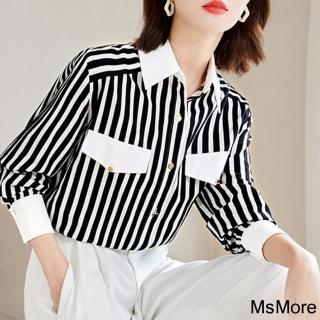 【MsMore】OL拼接設計黑白條紋長袖襯衫短版上衣#118707(條紋)