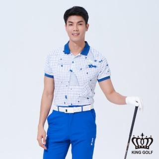 【KING GOLF】速達-網路獨賣款-男款幾何格線特殊潑墨印花POLO衫(藍色)