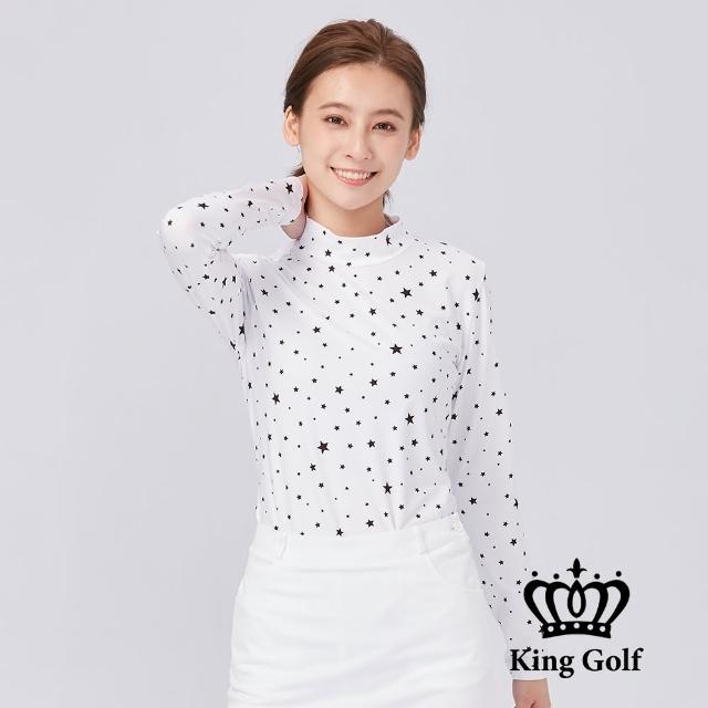 【KING GOLF】速達-網路獨賣款-女款滿版星星印圖LOGO燙標輕刷毛小立領長袖內搭衣(白色)