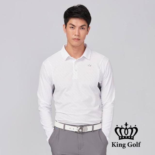 【KING GOLF】速達-網路獨賣款-皇冠印花腋下拼接撞色薄款長袖POLO衫(白色)