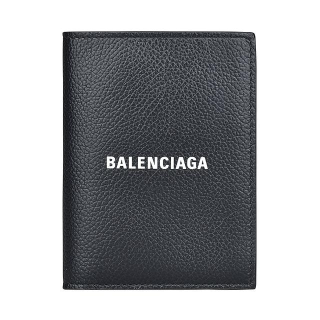 【Balenciaga 巴黎世家】BALENCIAGA白字LOGO荔枝紋小牛皮3卡對折直式短夾(黑)