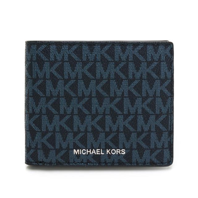 【Michael Kors】MK老花Logo男用四卡零錢袋短夾(深藍)