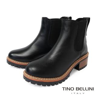 【TINO BELLINI 貝里尼】西班牙進口牛皮切爾西中低跟短靴FWNT031(黑)