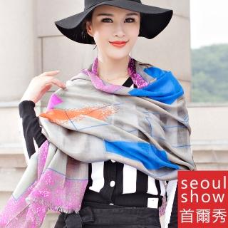【Seoul Show】60支紗 普普條格 100%純羊毛印花圍巾保暖披肩(灰彩色)