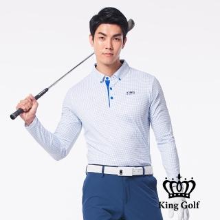 【KING GOLF】速達-網路獨賣款-點點滿版印花LOGO印花薄款長袖POLO衫(藍色)