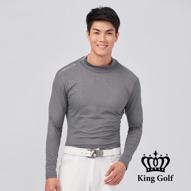 【KING GOLF】速達-網路獨賣款-膠標LOGO素面刷毛款長袖內搭高領衫(黑灰)