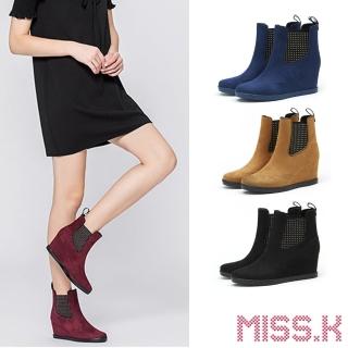 【MISS.K】晴雨兩穿/個性金屬鉚釘坡跟楔型切爾西短靴/防水雨鞋/雨靴(4色任選)
