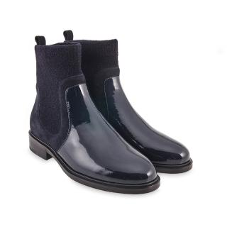 【A.S.O 阿瘦集團】時尚流行彈性布異材質拼接真皮短靴(深藍)