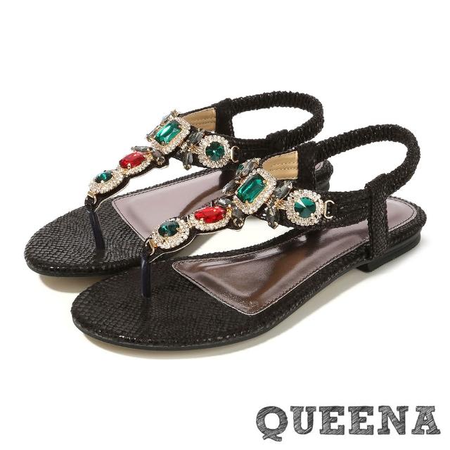 【QUEENA】璀璨美鑽寶石蛇紋皮革T字造型時尚低跟涼鞋(黑)