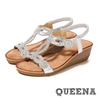 【QUEENA】奢華美鑽縷空拼貼造型坡跟羅馬涼鞋(銀)