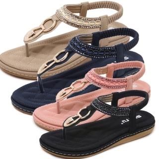 【Taroko】時尚金扣水鑽夏季平底夾腳涼拖鞋(4色可選)