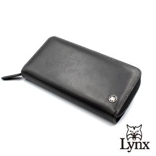 【Lynx】美國山貓細面紋進口牛皮拉鍊長夾 8卡/三鈔位/零錢袋 皮夾錢包(黑色)