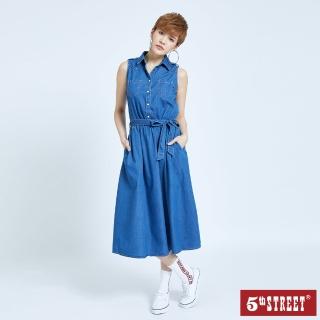 【5th STREET】女無袖綁帶長牛仔洋裝-中古藍