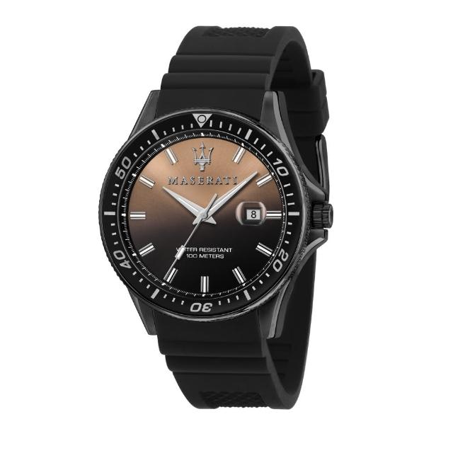 【MASERATI 瑪莎拉蒂】經典黑金矽膠錶帶腕錶44mm(R8851140001)