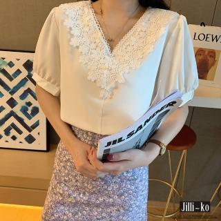 【JILLI-KO】V領蕾絲甜美氣質雪紡衫-M/L(白)