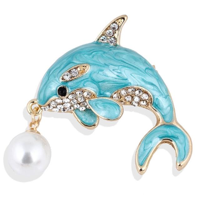 【RJNewYork】藍色泡沫海豚珍珠鋯石2用胸針別針(藍色)