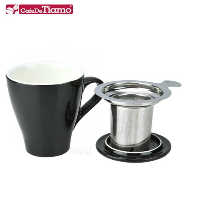 【Tiamo】16號陶瓷馬克杯-附杯蓋/濾網組350cc-黑色(HG0760BK)