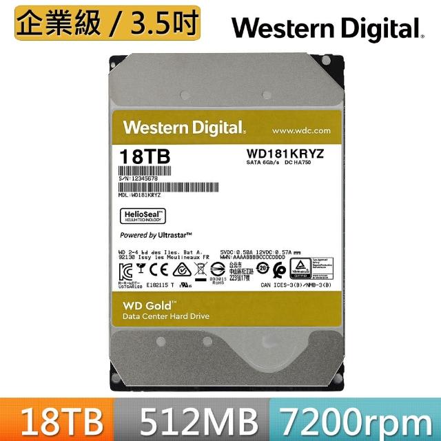 【WD 威騰】金標 18TB 3.5吋 7200轉 512MB 企業級內接硬碟(WD181KRYZ)