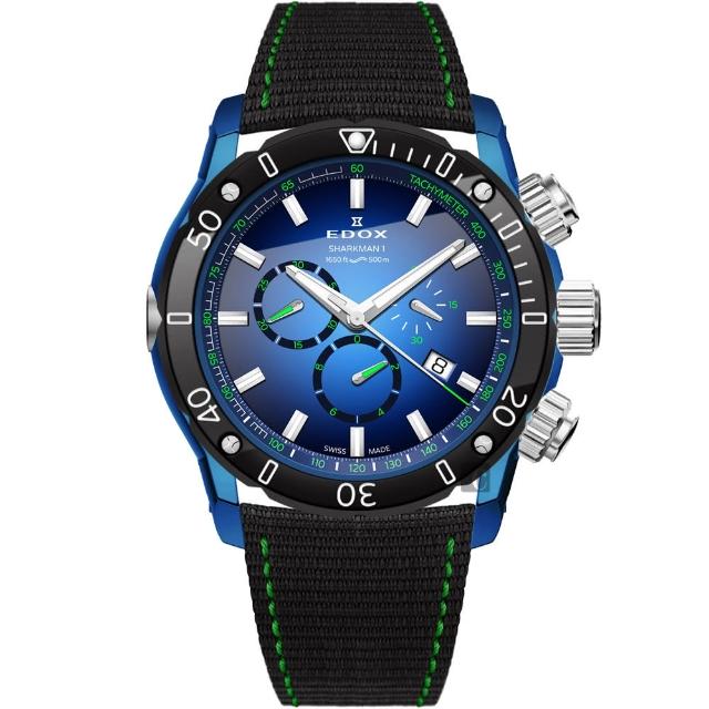 【EDOX 伊度】Sharkman I Limited Edition 潛水三眼計時手錶-46mm(E10221.357BU.BUV)