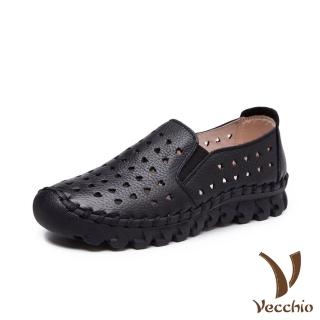【Vecchio】全真皮愛心洞洞超厚軟底手工頭層牛皮舒適樂福鞋(黑)