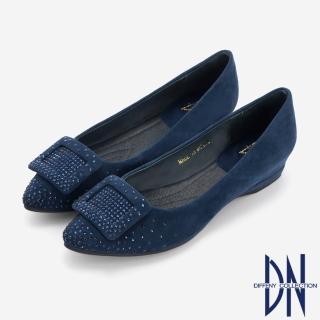 【DN】平底鞋_氣質羊絨水鑽方扣內增高尖頭鞋(藍)
