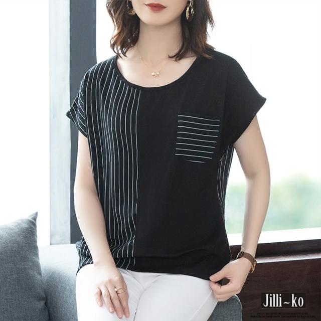 【JILLI-KO】買一送一 簡約條紋拼接棉質T恤-L/XL(黑)