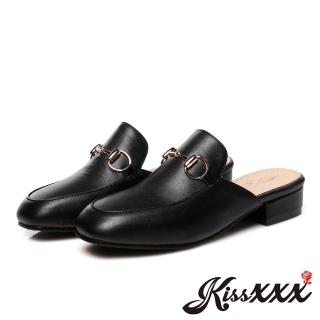 【KissXXX】低跟穆勒鞋 包頭拖鞋/小方頭時尚金釦百搭低跟拖鞋 穆勒鞋(黑)