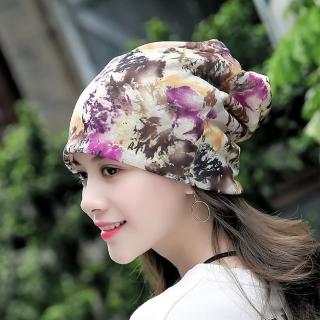 【89 zone】法式花朵條紋紗款雙層套頭保暖 套頭帽 防風帽 頭巾帽(紮染紫)