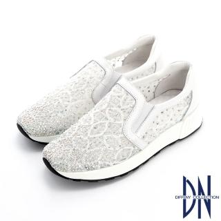 【DN】休閒鞋_透膚網紗水鑽線條拼接牛皮休閒鞋(白)