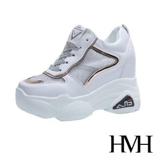 【HMH】璀璨亮絲網面拼接流線金屬皮革造型內增高厚底休閒鞋(銀)