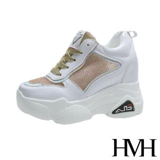 【HMH】璀璨亮絲網面拼接流線金屬皮革造型內增高厚底休閒鞋(金)