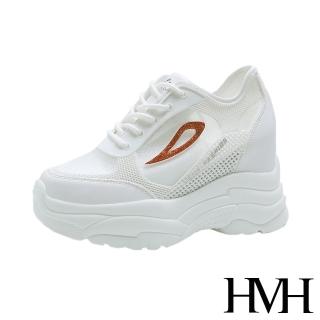【HMH】時尚縷空網面金蔥線條拼接個性厚底內增高休閒鞋(紅)
