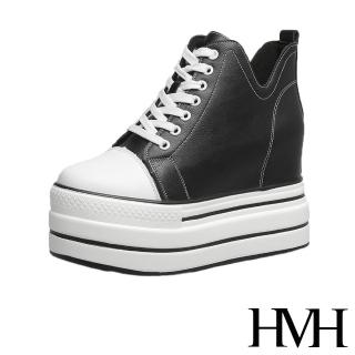 【HMH】經典撞色車線V口時尚厚底內增高休閒鞋(黑)